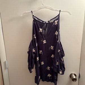 Floral American Print Women's Cold Shoulder Blouse - Dark Blue